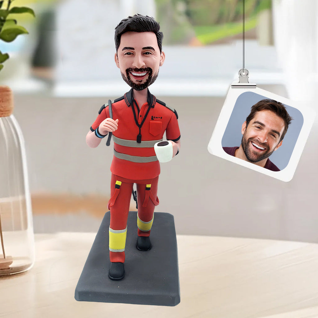 Custom Bobblehead in Red Work Uniform with Coffee Cup