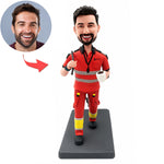 Custom Bobblehead in Red Work Uniform with Coffee Cup