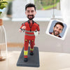 Custom Bobblehead in Red Work Uniform with Coffee Cup