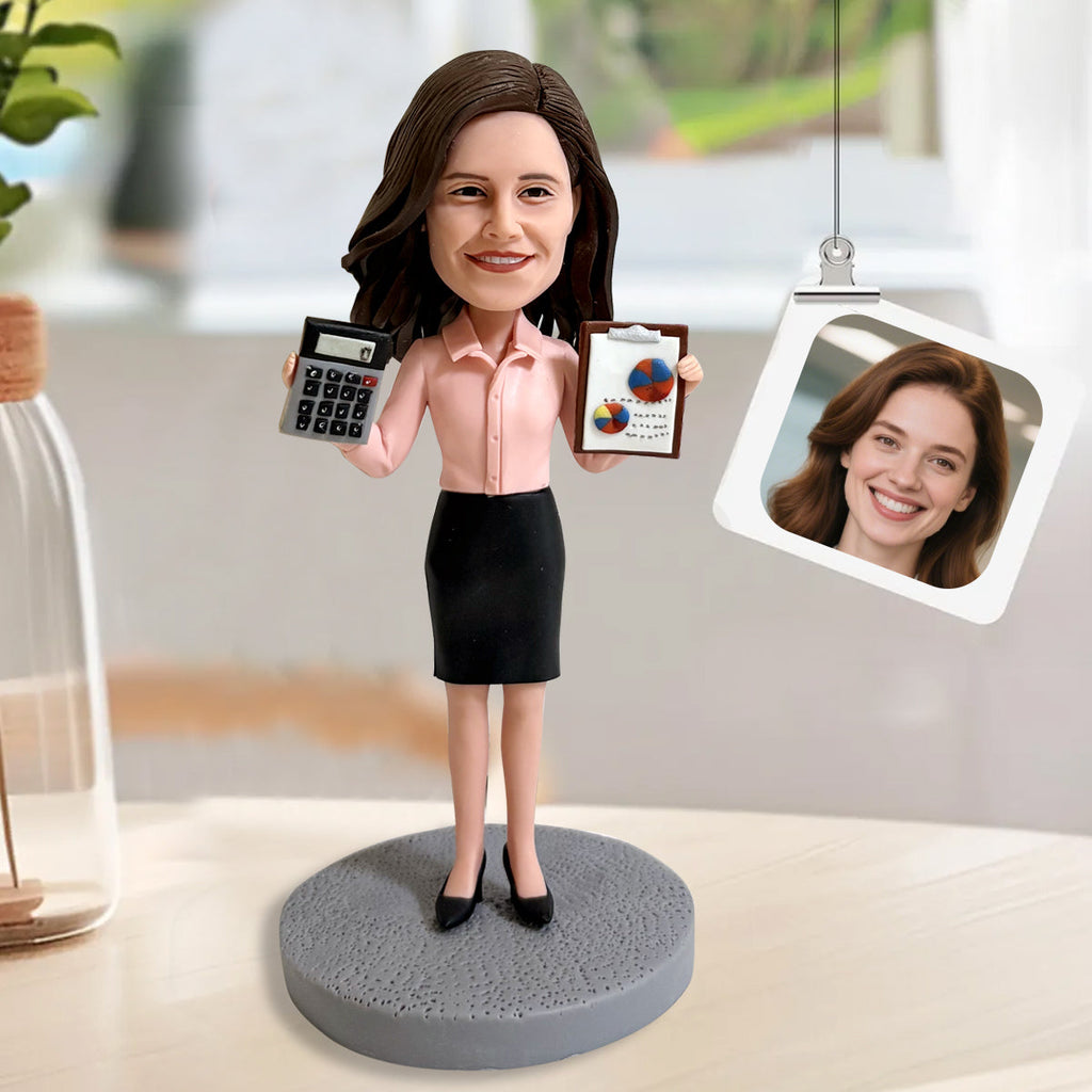 Custom Female Accountant Bobblehead with Calculator & Report