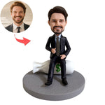Personalized Bobblehead in Suit Sitting on Money Bag