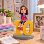 Custom Girl 10 Birthday Gift Bobblehead Sitting on Number 10