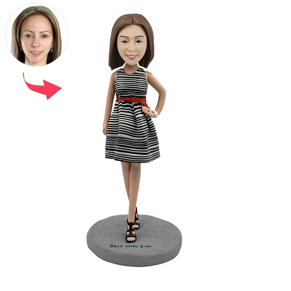 Female Bobble Head Doll with Striped Dress