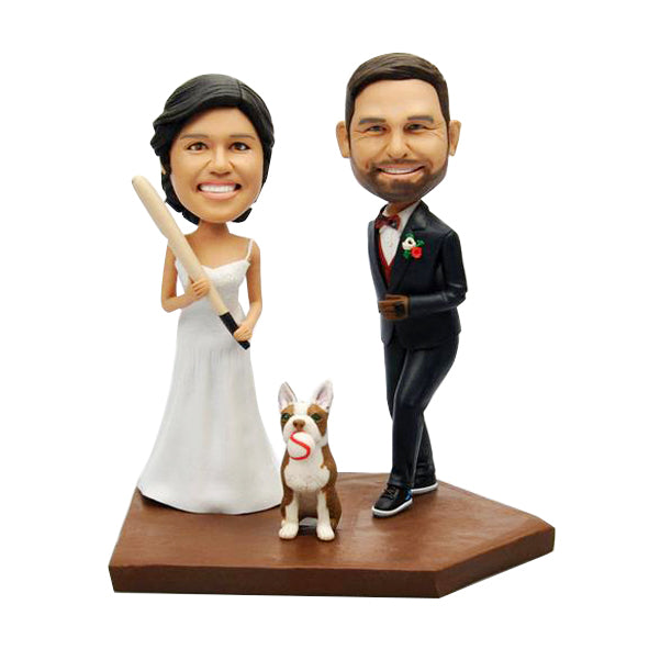 Custom Baseball Couple Bobblehead with Dog