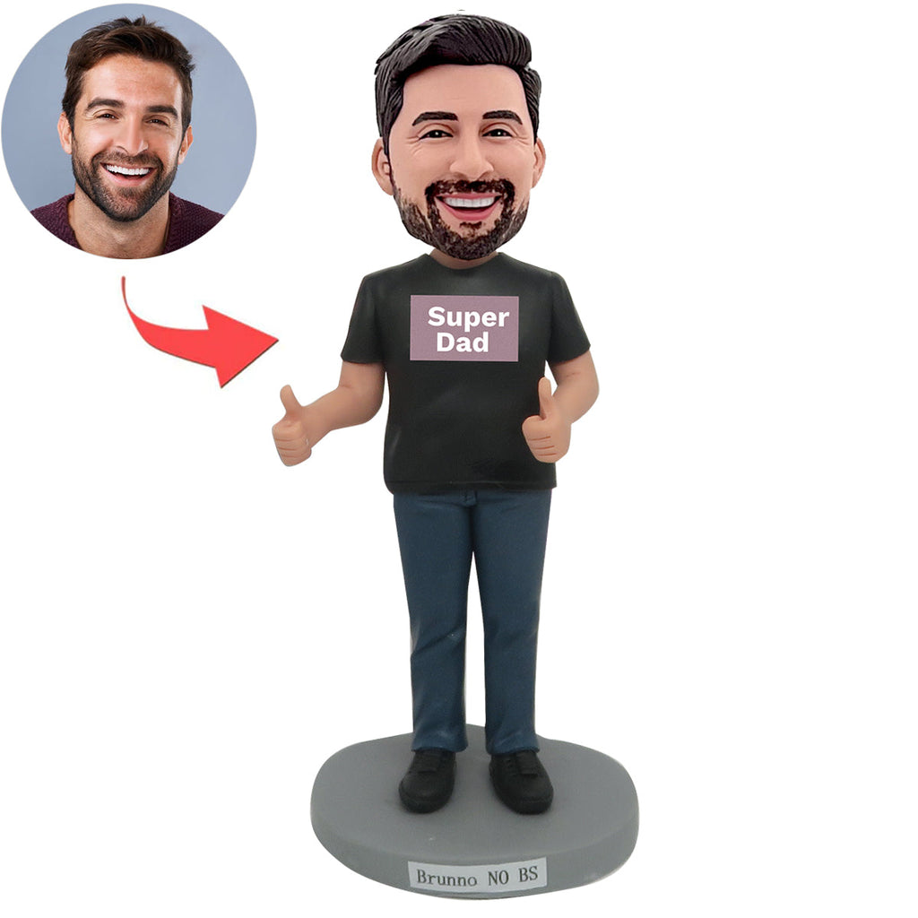 Custom Super Dad Bobblehead In Casual Black T-shirt